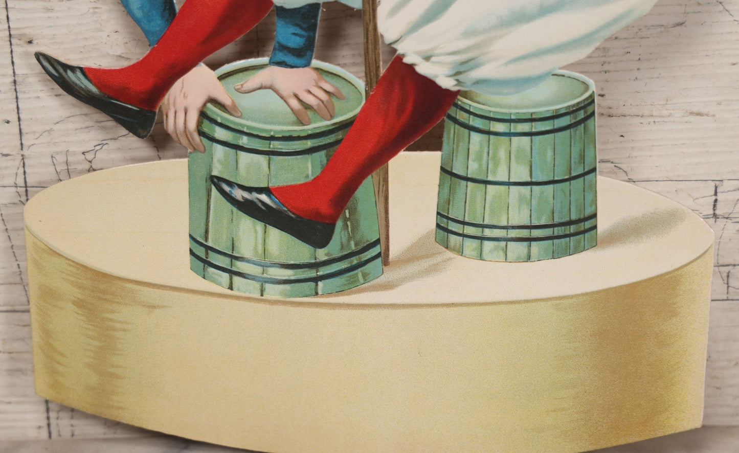 Lot 016 - Antique Die Cut Lithographed Acrobatic Circus Clowns Paper Display, Made In Germany For The R.T. Company, No. 10316, Class O, 10-1/2" x 19-1/2"