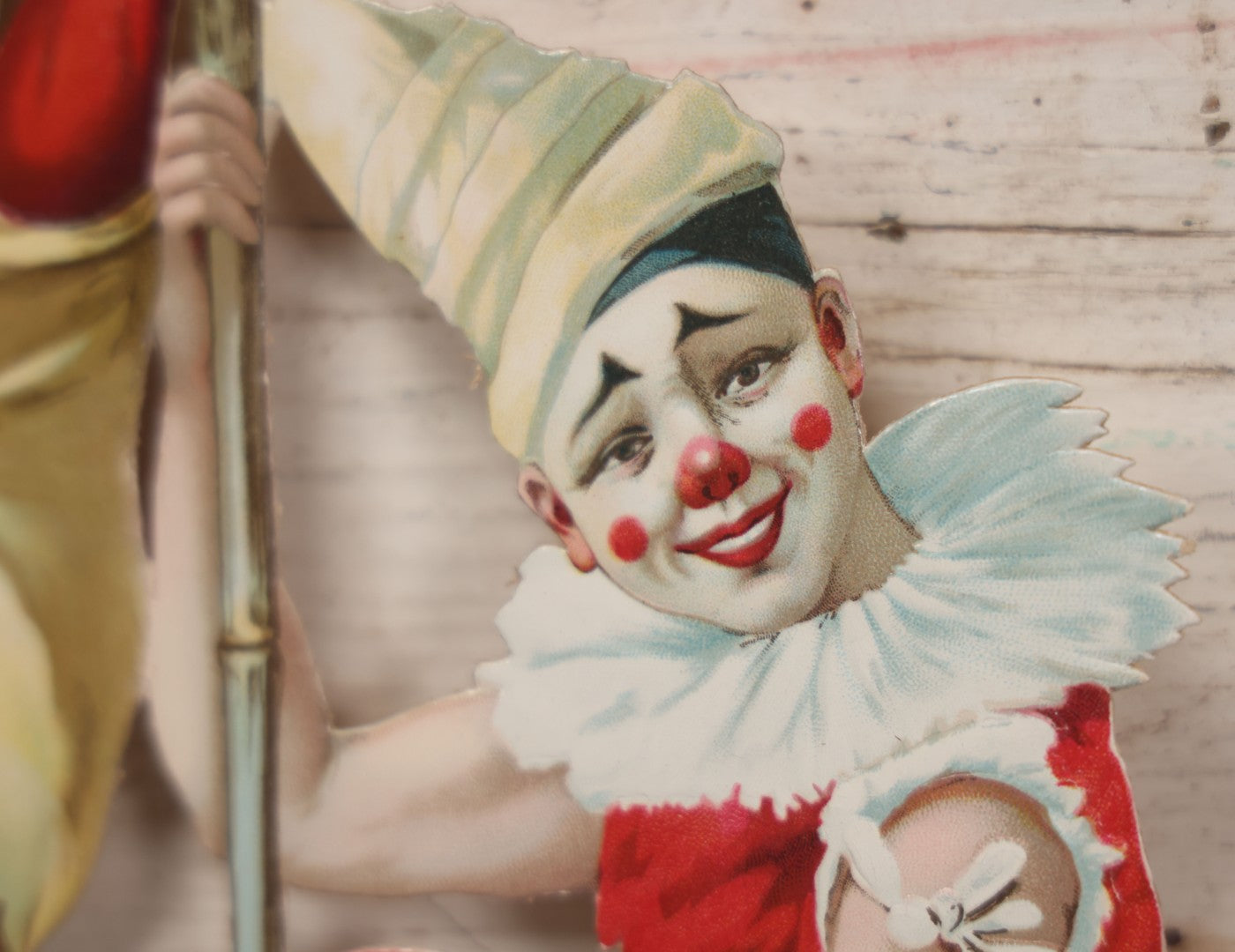 Lot 016 - Antique Die Cut Lithographed Acrobatic Circus Clowns Paper Display, Made In Germany For The R.T. Company, No. 10316, Class O, 10-1/2" x 19-1/2"