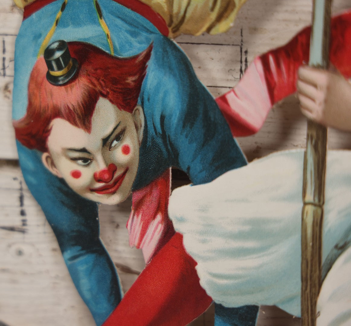 Lot 016 - Antique Die Cut Lithographed Acrobatic Circus Clowns Paper Display, Made In Germany For The R.T. Company, No. 10316, Class O, 10-1/2" x 19-1/2"