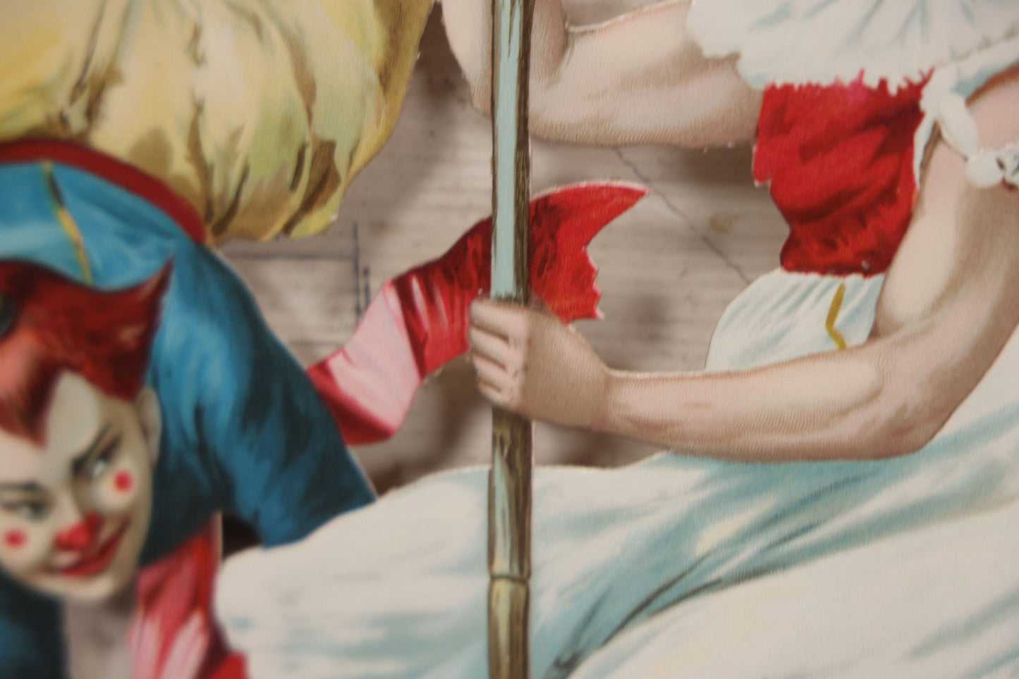 Lot 016 - Antique Die Cut Lithographed Acrobatic Circus Clowns Paper Display, Made In Germany For The R.T. Company, No. 10316, Class O, 10-1/2" x 19-1/2"