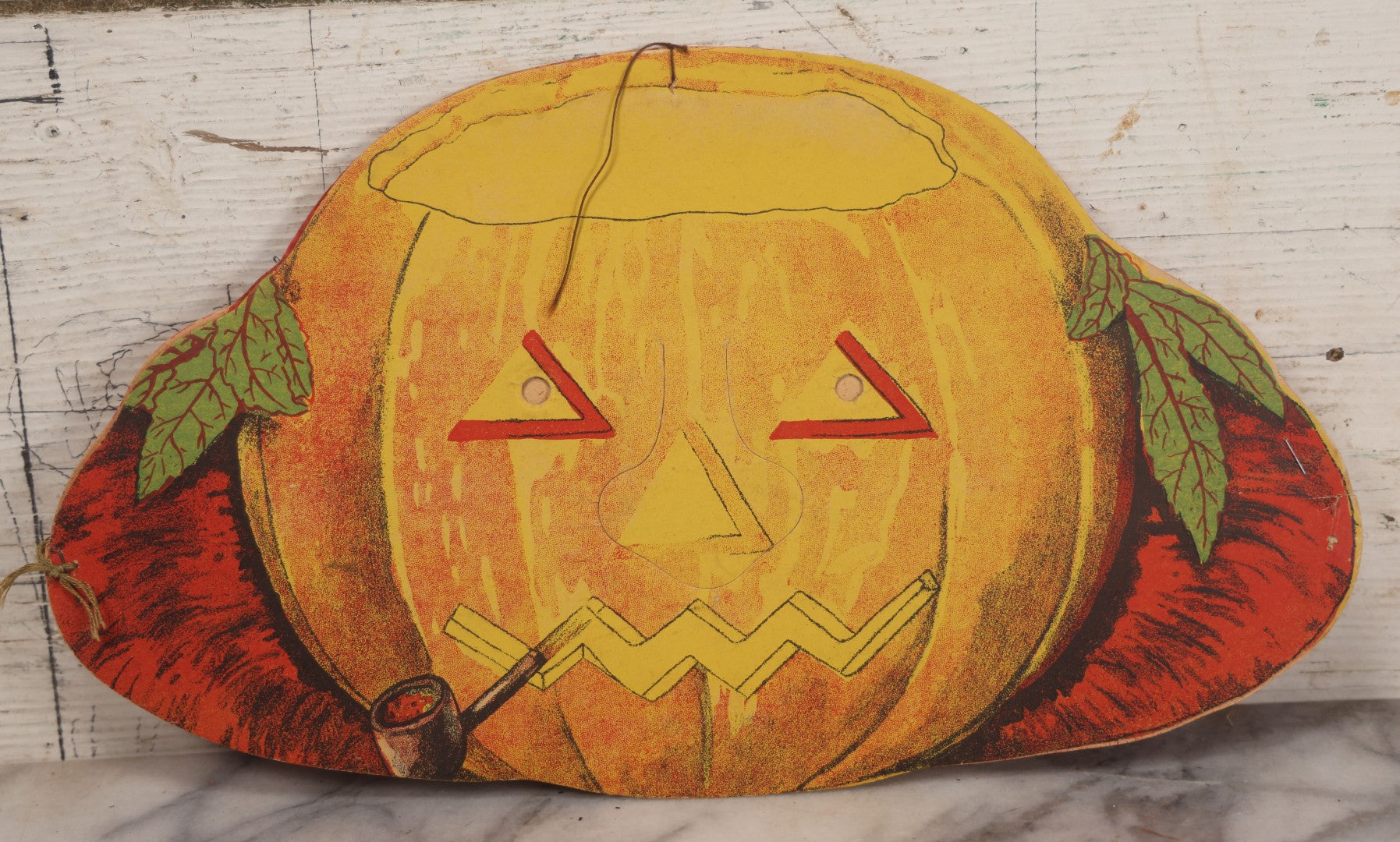 Lot 017 - Vintage Halloween Paper Cutout Mask Of Smoking Pumpkin Jack-O-Lantern J.O.L., Made In Germany, Unknown Manufacturer, 14-1/8" x 8-1/8"