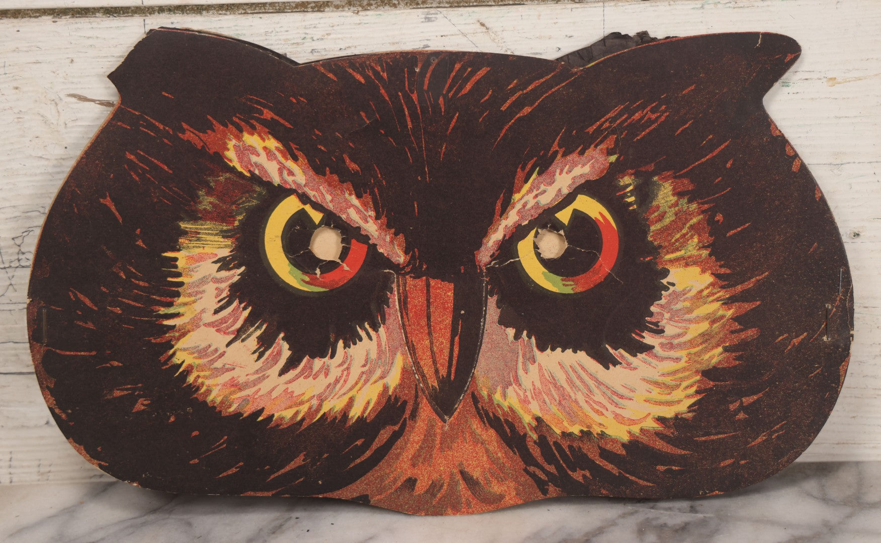 Lot 018 - Vintage Halloween Paper Cutout Mask Of Menacing Owl, Made In Germany, Unknown Manufacturer, 14-1/8" x 8-3/8"