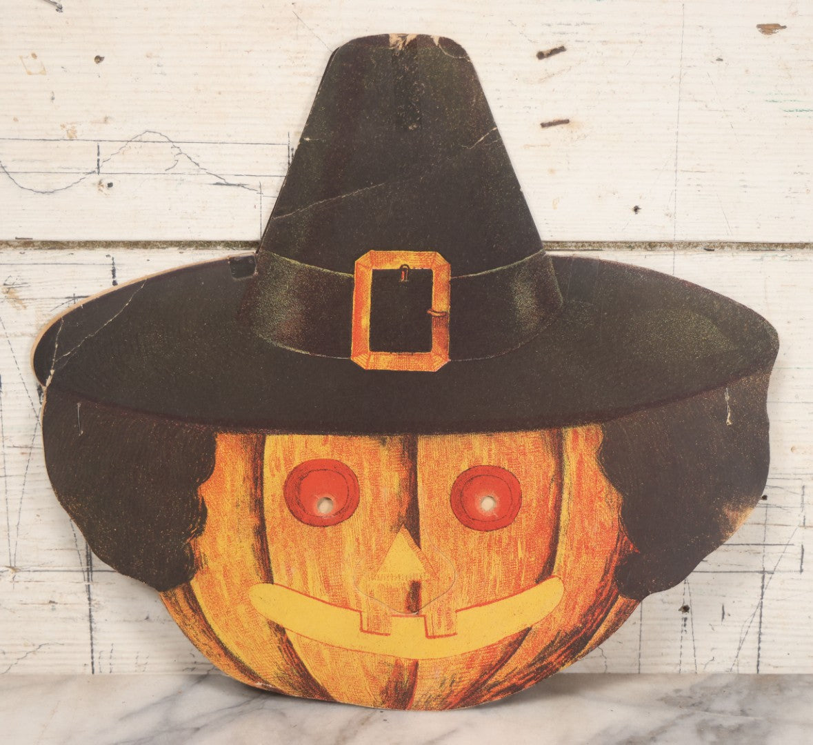 Lot 019 - Vintage Halloween Paper Cutout Mask Of Pumpkin Jack-O-Lantern J.O.L. Wearing Witch Hat, Made In Germany, Unknown Manufacturer, 14-1/8" x 12-1/2"