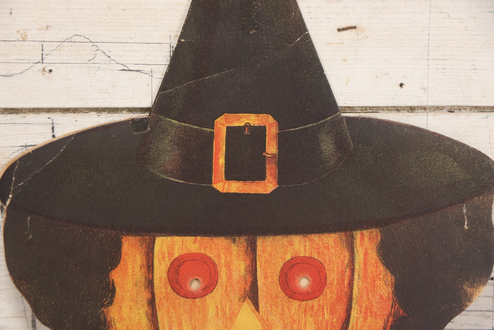 Lot 019 - Vintage Halloween Paper Cutout Mask Of Pumpkin Jack-O-Lantern J.O.L. Wearing Witch Hat, Made In Germany, Unknown Manufacturer, 14-1/8" x 12-1/2"