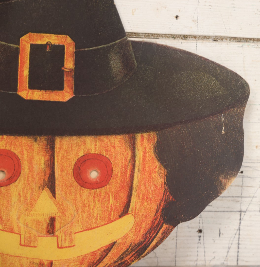 Lot 019 - Vintage Halloween Paper Cutout Mask Of Pumpkin Jack-O-Lantern J.O.L. Wearing Witch Hat, Made In Germany, Unknown Manufacturer, 14-1/8" x 12-1/2"
