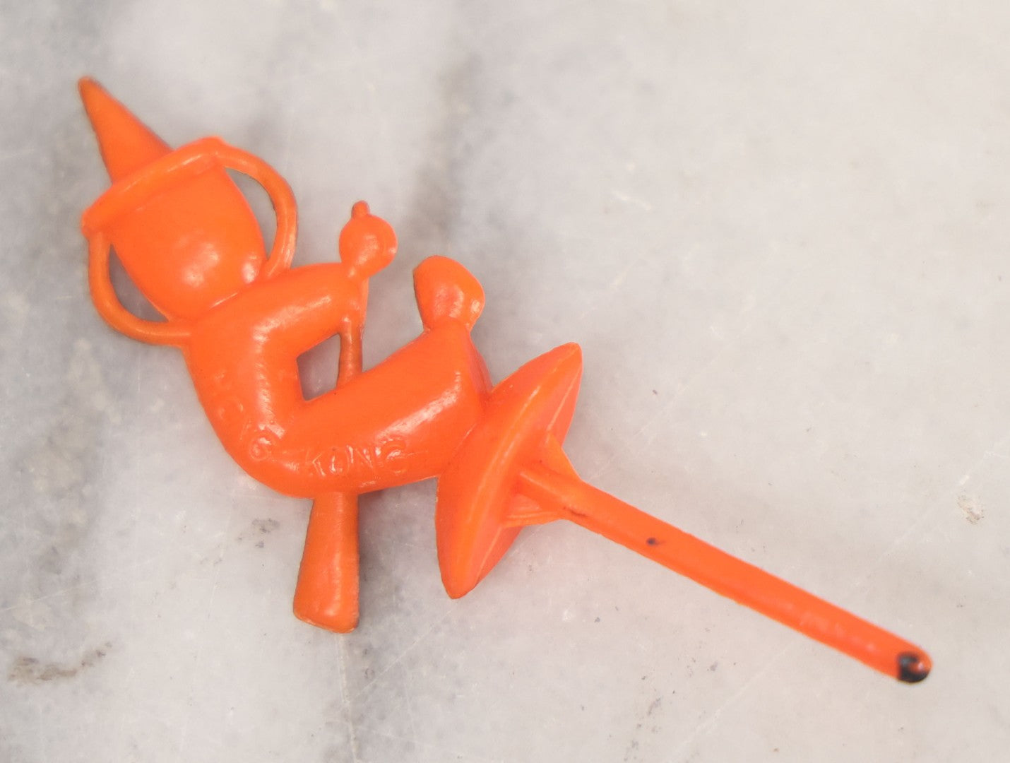 Lot 020 - Grouping Of Six Vintage Orange Plastic Halloween Cake Dessert Toppers Including Two Pumpkin Men And Four Witches, Made In Hong Kong, 2-1/2" L each