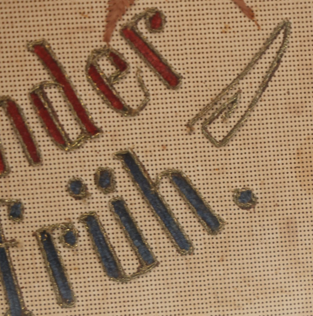 Lot 021 - Antique German Paper Punch Needlework Embroidery Motto, Translates To "The Father Cares With Much Effort For His Children, Late And Early" With Celluloid Angel Figure And Pressed Ferns, In Frame, 12-7/8" x 16-7/8"