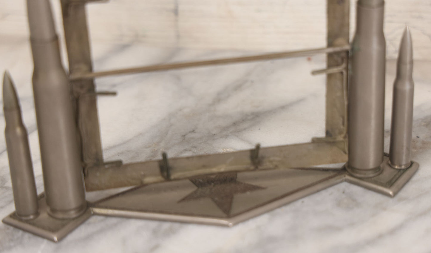 Lot 022 - Vintage Trench Art Swiveling Photo Frame With Silver Painted Bullet Shells, Hand Hammered Star Design And Other Hammered Details, Circa World War 1 Era