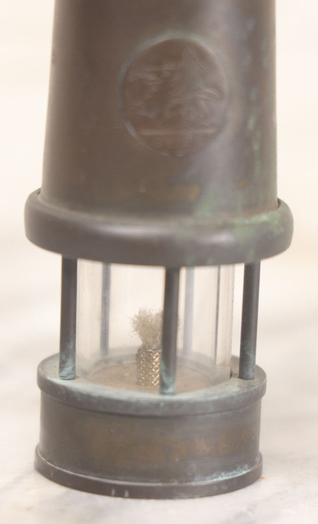 Lot 025 - Antique Brass Coal Miners Lamp Manufactured By Nedd Products Ltd., Glynneath W. Glamorgan, Made In Wales, With Welsh Dragon Emblem And Cymru Welsh Mark, Original Glass And Wick, 4-5/8" H