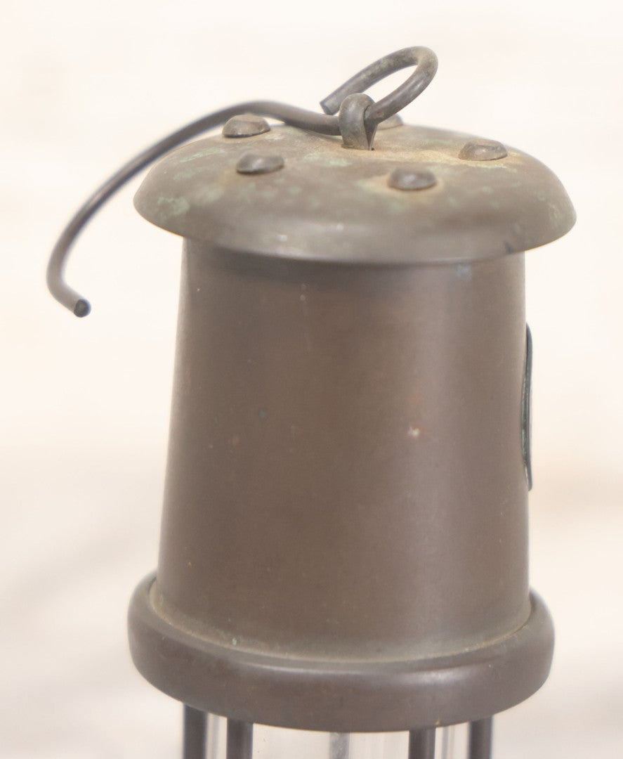 Lot 025 - Antique Brass Coal Miners Lamp Manufactured By Nedd Products Ltd., Glynneath W. Glamorgan, Made In Wales, With Welsh Dragon Emblem And Cymru Welsh Mark, Original Glass And Wick, 4-5/8" H