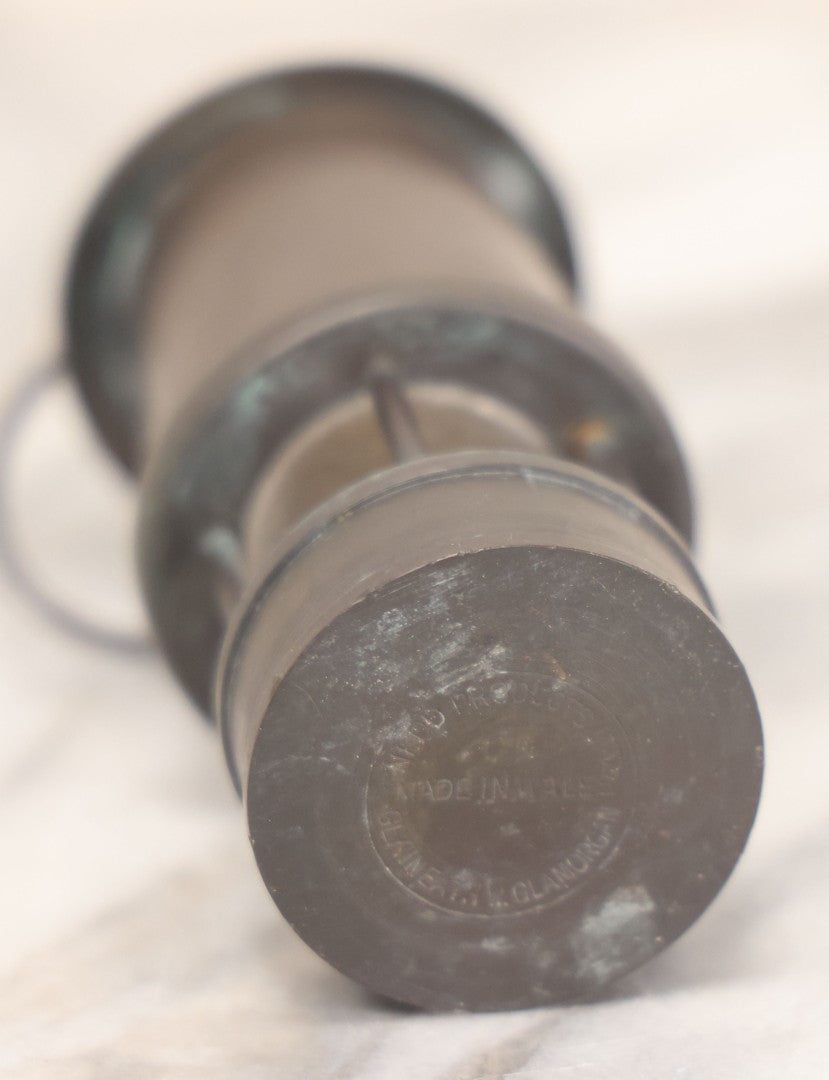 Lot 025 - Antique Brass Coal Miners Lamp Manufactured By Nedd Products Ltd., Glynneath W. Glamorgan, Made In Wales, With Welsh Dragon Emblem And Cymru Welsh Mark, Original Glass And Wick, 4-5/8" H