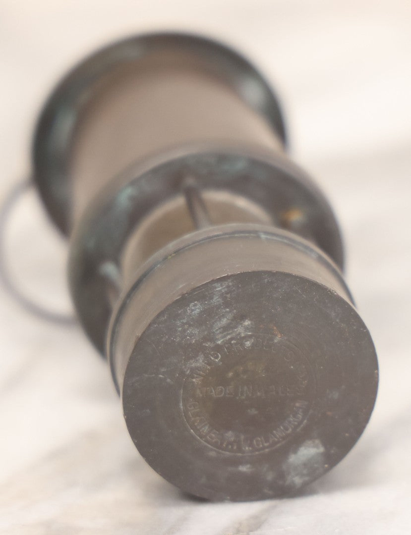 Lot 025 - Antique Brass Coal Miners Lamp Manufactured By Nedd Products Ltd., Glynneath W. Glamorgan, Made In Wales, With Welsh Dragon Emblem And Cymru Welsh Mark, Original Glass And Wick, 4-5/8" H