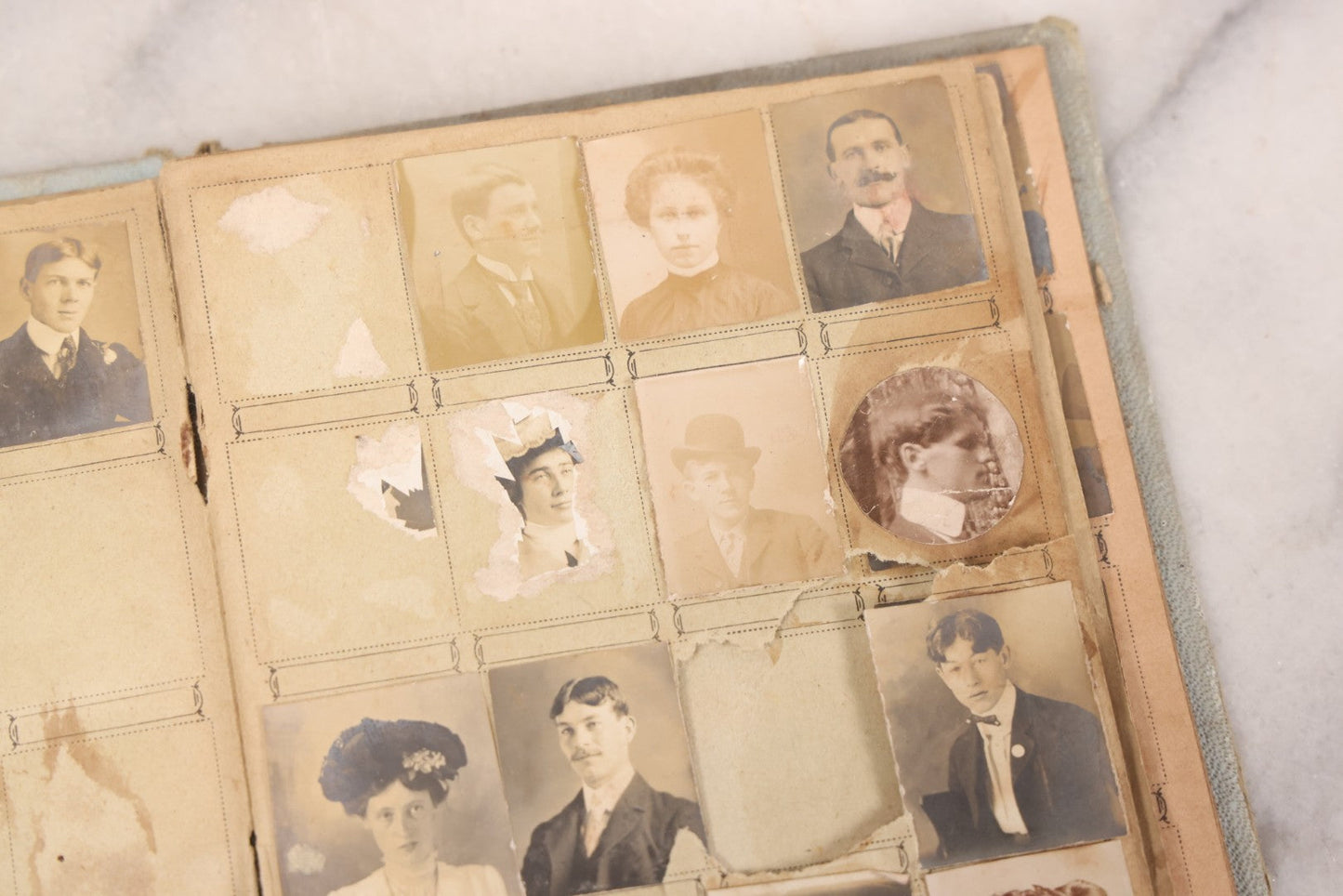 Lot 030 - Antique Snapshot Portrait Photo Album With 65+ Pasted Portrait Photos Of Victorian And Edwardian Men And Women, Dated Christmas 1901, From Marie & Ross Ellor