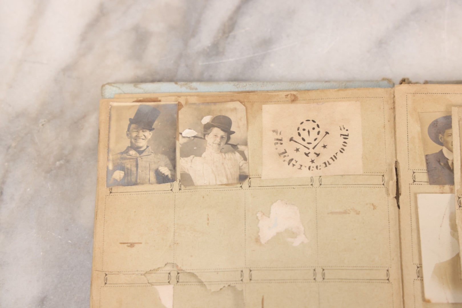 Lot 030 - Antique Snapshot Portrait Photo Album With 65+ Pasted Portrait Photos Of Victorian And Edwardian Men And Women, Dated Christmas 1901, From Marie & Ross Ellor