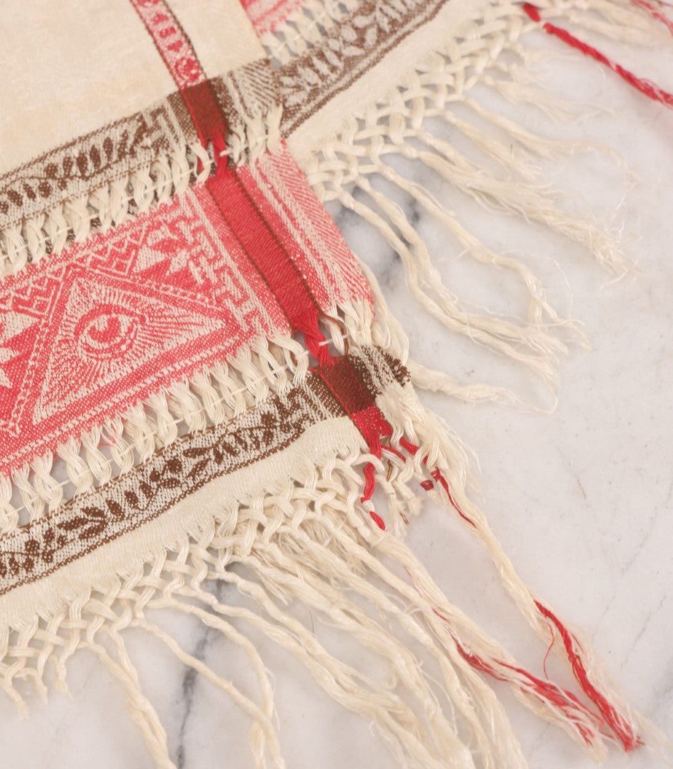 Lot 035 - Antique Damask Textile Fabric Bib With Detailed Red Embroidery Featuring All Seeing Eye, Comb And Brush And Hairpin Motifs