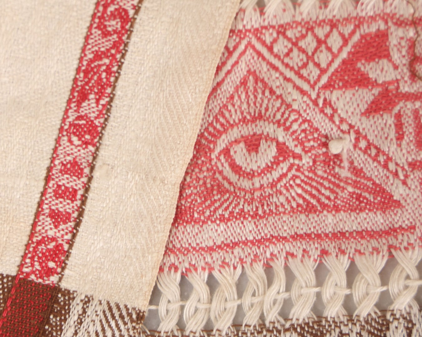 Lot 035 - Antique Damask Textile Fabric Bib With Detailed Red Embroidery Featuring All Seeing Eye, Comb And Brush And Hairpin Motifs