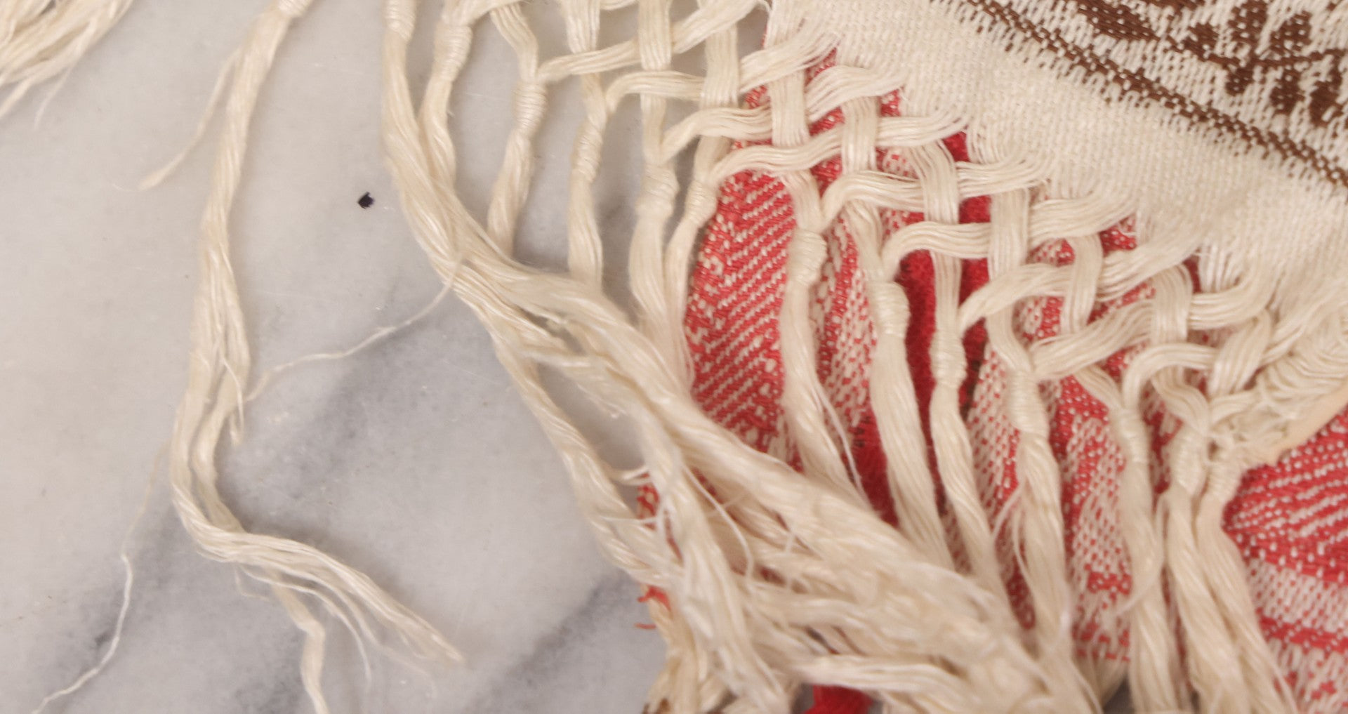 Lot 035 - Antique Damask Textile Fabric Bib With Detailed Red Embroidery Featuring All Seeing Eye, Comb And Brush And Hairpin Motifs