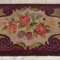 Lot 036 - Vintage Colorful Hooked Rug With Pink Purple And Blue Flowers, Purple Border, Note Wear And Holes, 21-1/2" x 32-3/4"