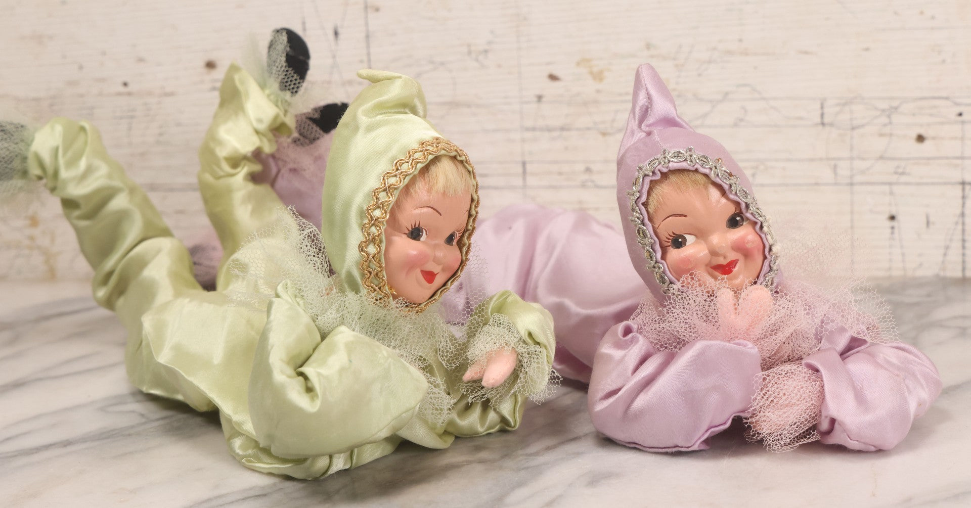 Lot 038 - Pair Of Vintage Mid Century Pixie Sweetheart Elf Dolls In Pink And Green Outfits And Prone Pose