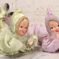 Lot 038 - Pair Of Vintage Mid Century Pixie Sweetheart Elf Dolls In Pink And Green Outfits And Prone Pose