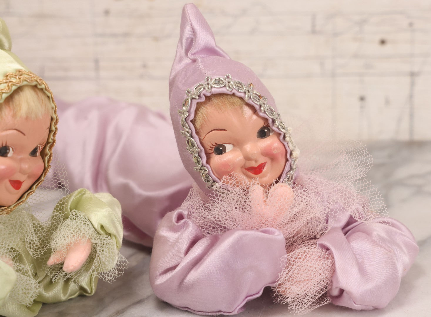 Lot 038 - Pair Of Vintage Mid Century Pixie Sweetheart Elf Dolls In Pink And Green Outfits And Prone Pose