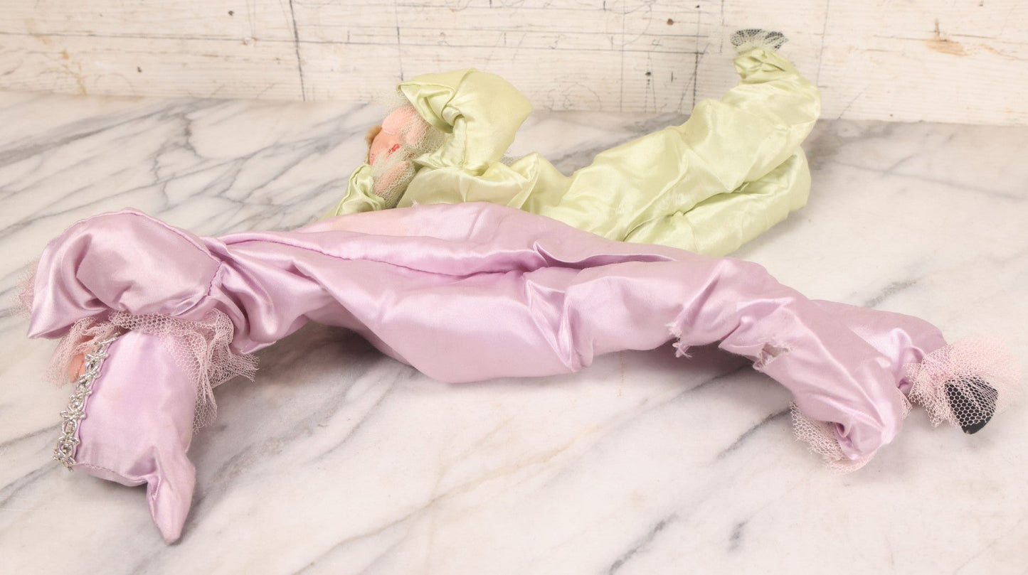 Lot 038 - Pair Of Vintage Mid Century Pixie Sweetheart Elf Dolls In Pink And Green Outfits And Prone Pose