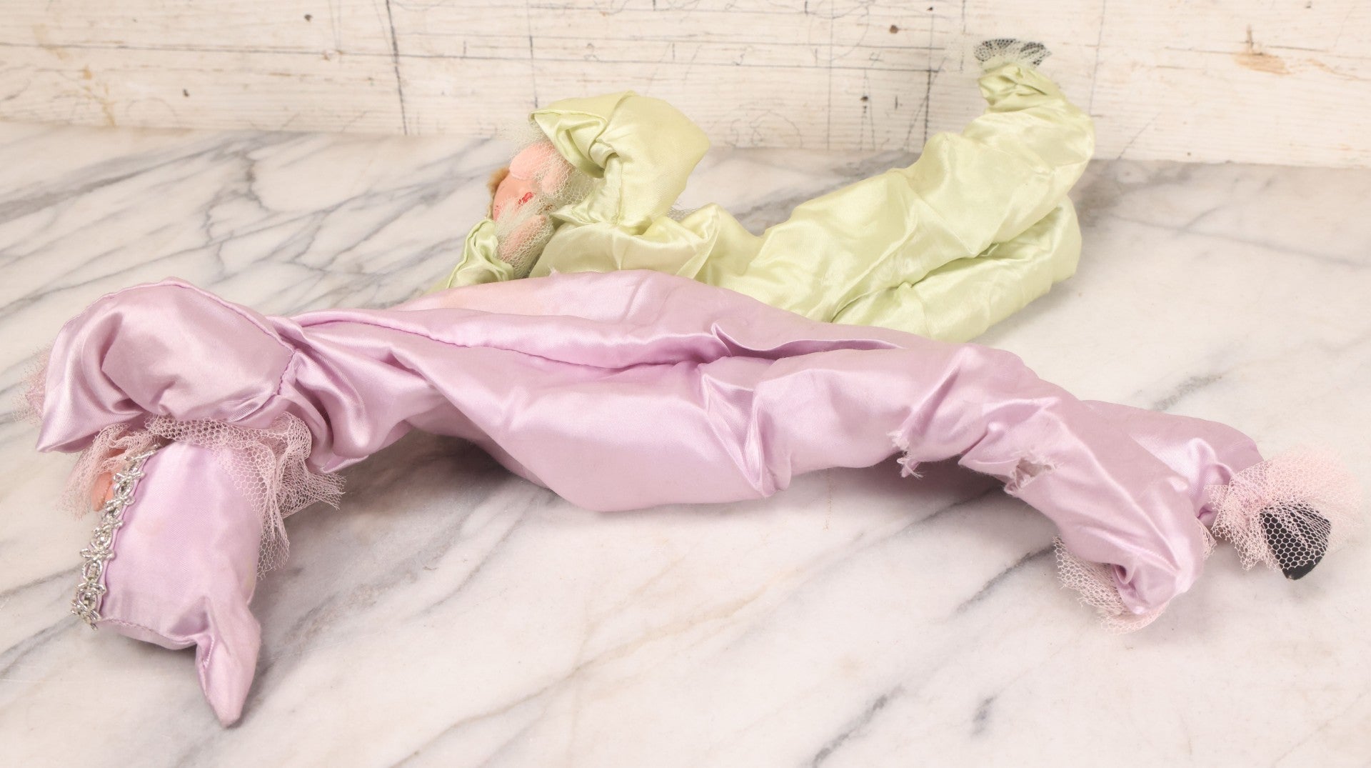 Lot 038 - Pair Of Vintage Mid Century Pixie Sweetheart Elf Dolls In Pink And Green Outfits And Prone Pose