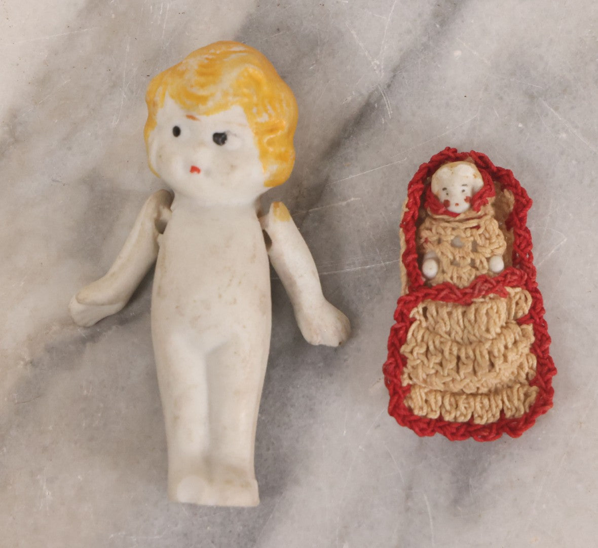 Lot 039 - Pair Of Vintage Bisque Dolls Including Blond Doll With Strung Arms, Made In Japan, And Frozen Charlotte Doll In Custom Crochet Enclosure