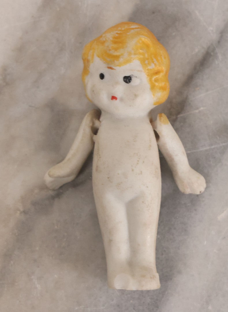 Lot 039 - Pair Of Vintage Bisque Dolls Including Blond Doll With Strung Arms, Made In Japan, And Frozen Charlotte Doll In Custom Crochet Enclosure
