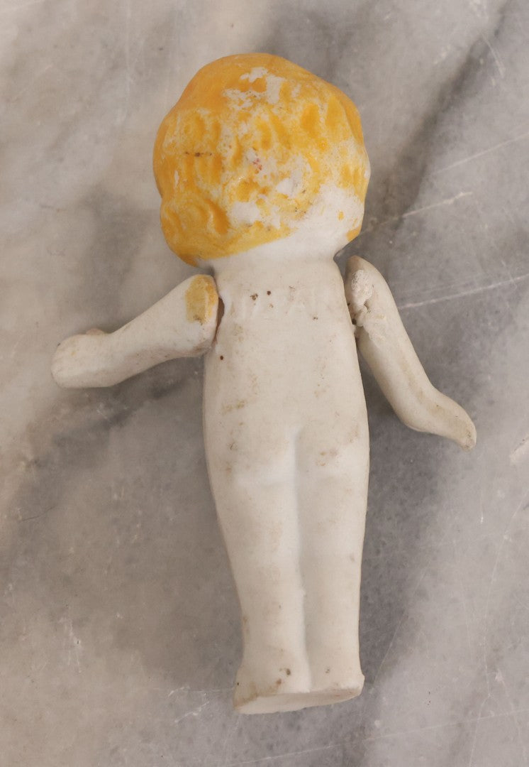 Lot 039 - Pair Of Vintage Bisque Dolls Including Blond Doll With Strung Arms, Made In Japan, And Frozen Charlotte Doll In Custom Crochet Enclosure