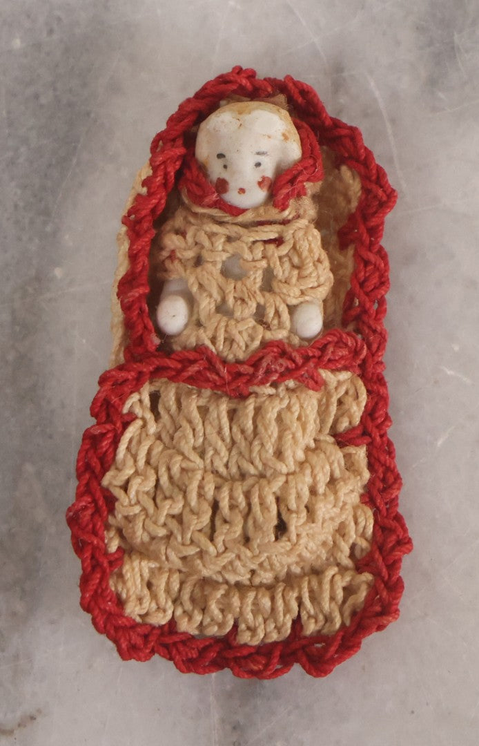 Lot 039 - Pair Of Vintage Bisque Dolls Including Blond Doll With Strung Arms, Made In Japan, And Frozen Charlotte Doll In Custom Crochet Enclosure