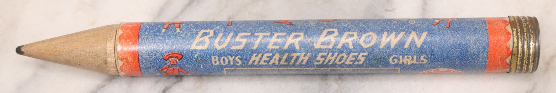 Lot 041 - Antique Buster Brown Boys And Girls Health Shoes Promotional Advertising Pencil Box, Buster Brown Shoe Store, Eugene Oregon, With Buster Brown Cartoon Characters, 10-1/4" Length