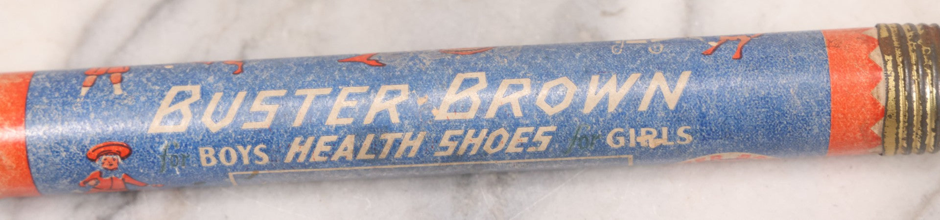 Lot 041 - Antique Buster Brown Boys And Girls Health Shoes Promotional Advertising Pencil Box, Buster Brown Shoe Store, Eugene Oregon, With Buster Brown Cartoon Characters, 10-1/4" Length