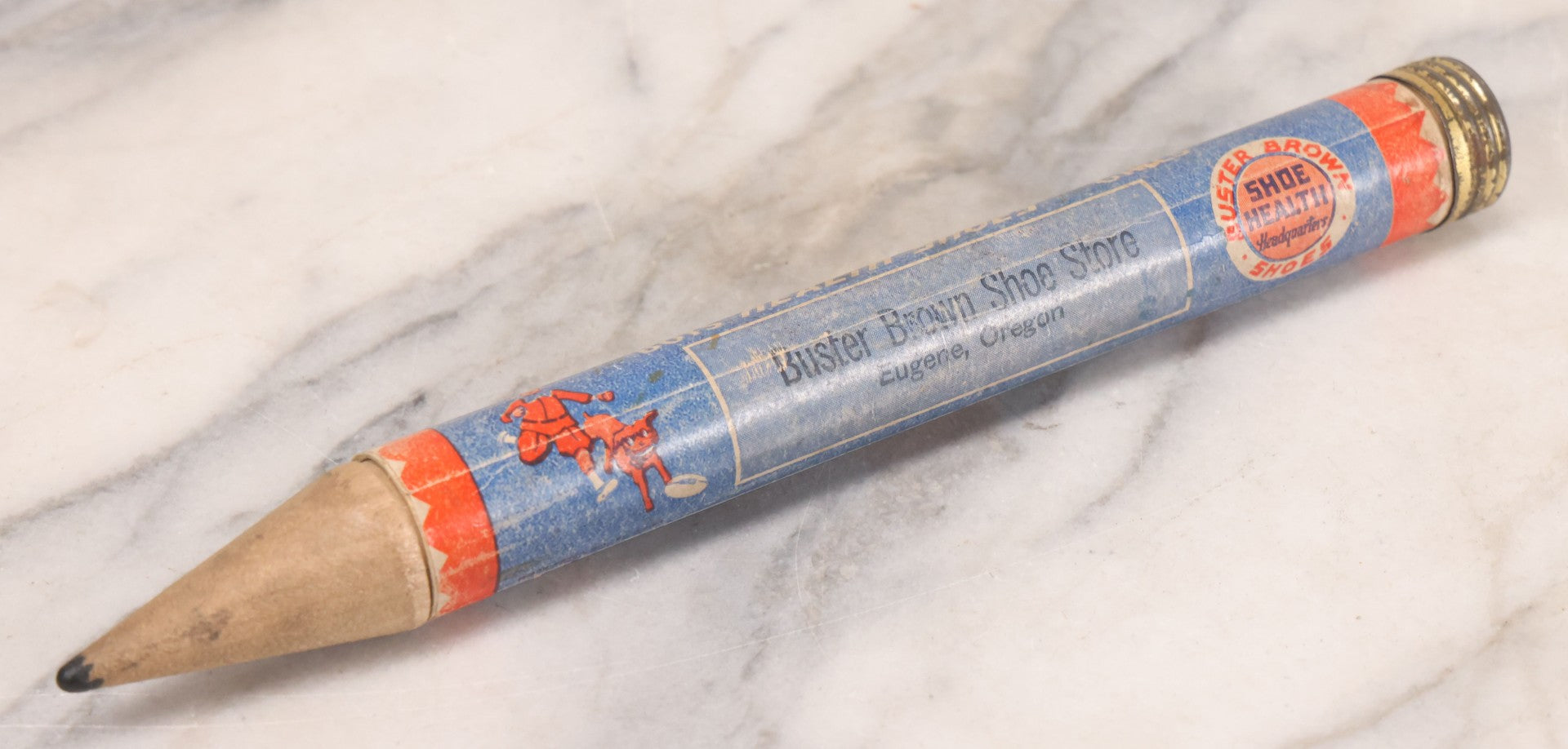 Lot 041 - Antique Buster Brown Boys And Girls Health Shoes Promotional Advertising Pencil Box, Buster Brown Shoe Store, Eugene Oregon, With Buster Brown Cartoon Characters, 10-1/4" Length