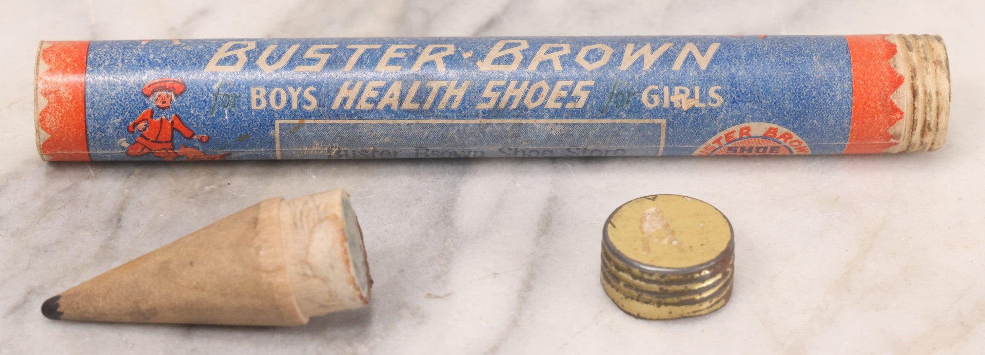 Lot 041 - Antique Buster Brown Boys And Girls Health Shoes Promotional Advertising Pencil Box, Buster Brown Shoe Store, Eugene Oregon, With Buster Brown Cartoon Characters, 10-1/4" Length
