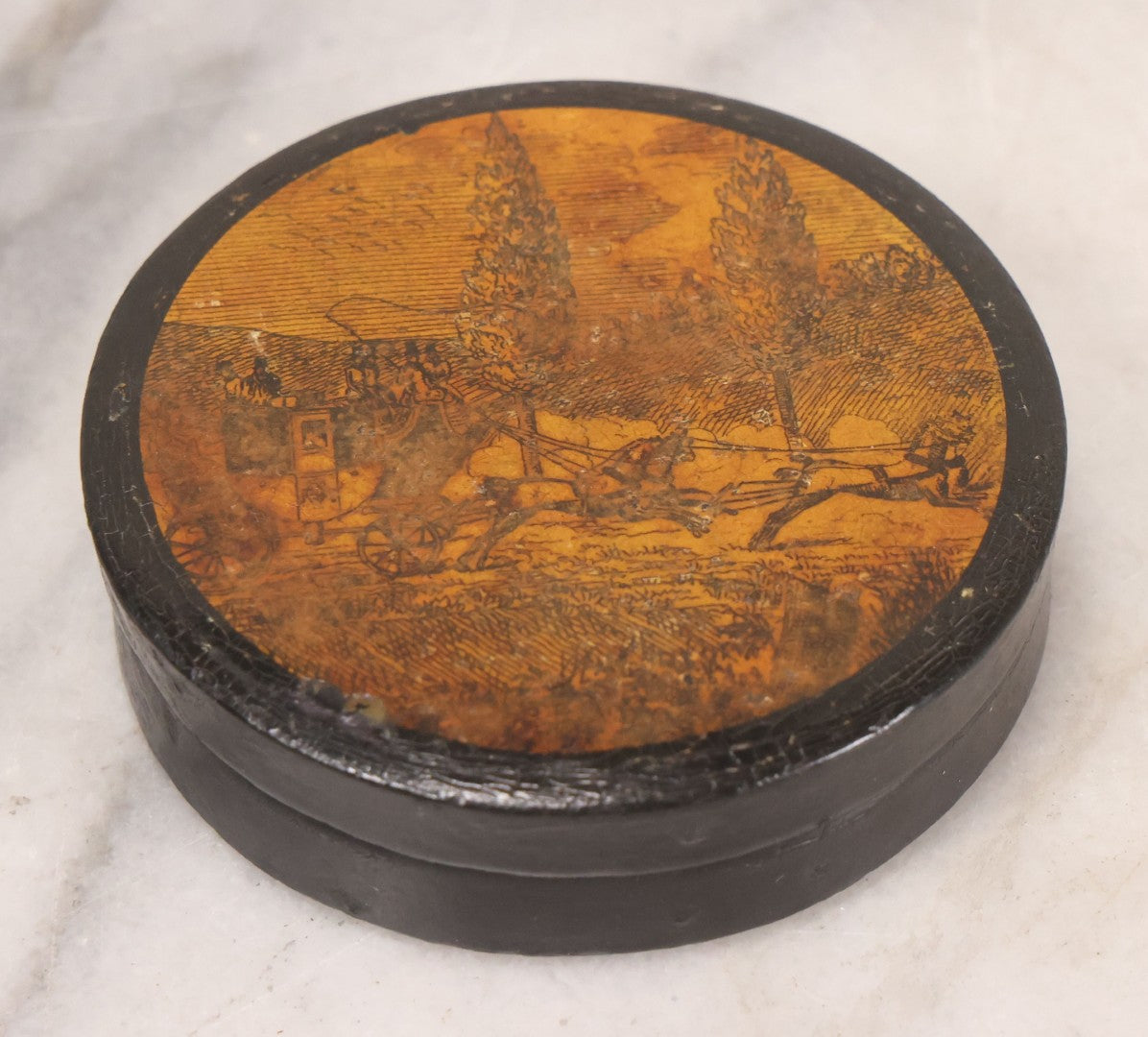 Lot 045 - Antique Black Lacquered Papier Mache Dresser Box With Horse Drawn Carriage Landscape Scene, Note Chip To Side