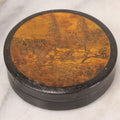 Lot 045 - Antique Black Lacquered Papier Mache Dresser Box With Horse Drawn Carriage Landscape Scene, Note Chip To Side