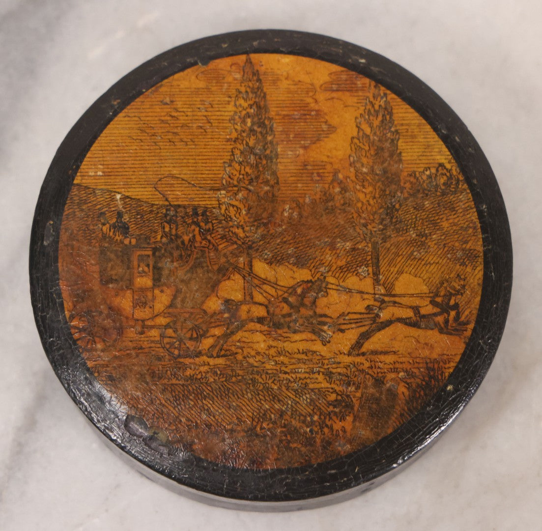 Lot 045 - Antique Black Lacquered Papier Mache Dresser Box With Horse Drawn Carriage Landscape Scene, Note Chip To Side