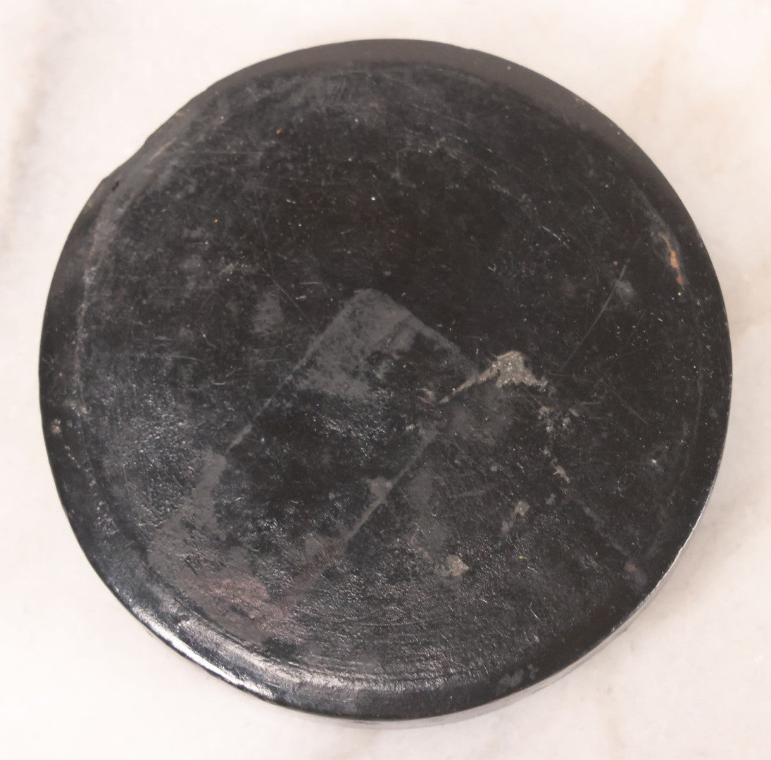 Lot 045 - Antique Black Lacquered Papier Mache Dresser Box With Horse Drawn Carriage Landscape Scene, Note Chip To Side