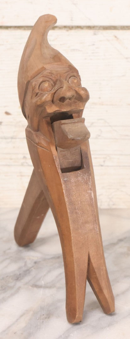 Lot 046 - Antique Folk Art Hand Carved Elderly Elf Man Wooden Nutcracker, 10-3/4" H