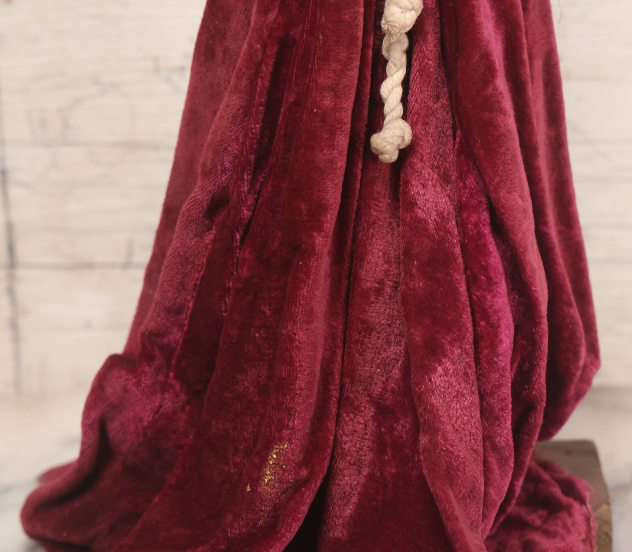 Lot 047 - Antique Handmade Religious Saint Statue Santos Figure With Carved Wooden Head, Hand And Feet, Original Paint, Real Hair Eyebrows, And Maroon Velvet Robe, Note Missing Hand, 16" H