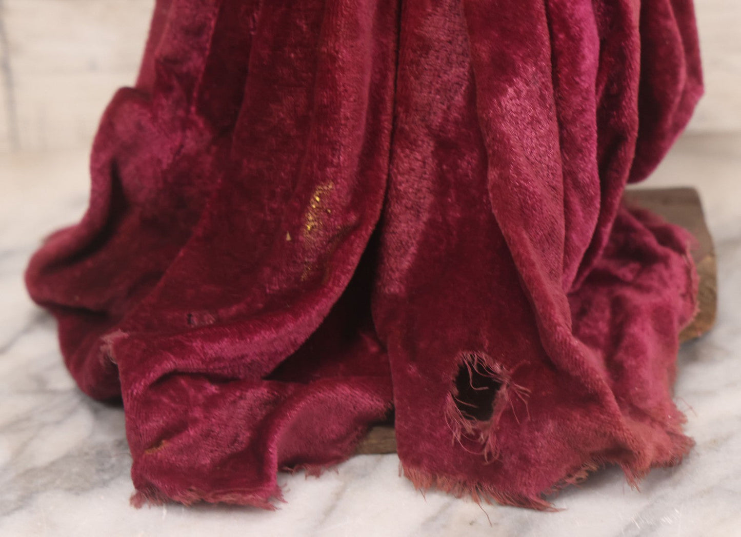 Lot 047 - Antique Handmade Religious Saint Statue Santos Figure With Carved Wooden Head, Hand And Feet, Original Paint, Real Hair Eyebrows, And Maroon Velvet Robe, Note Missing Hand, 16" H