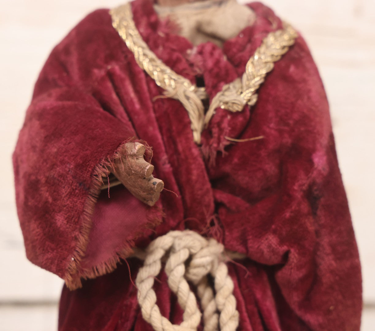 Lot 047 - Antique Handmade Religious Saint Statue Santos Figure With Carved Wooden Head, Hand And Feet, Original Paint, Real Hair Eyebrows, And Maroon Velvet Robe, Note Missing Hand, 16" H