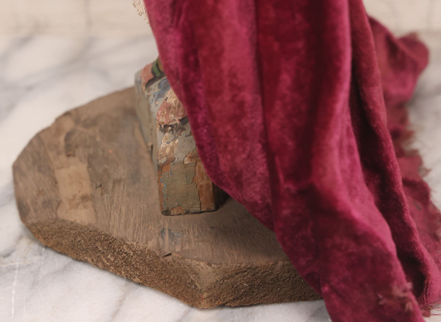 Lot 047 - Antique Handmade Religious Saint Statue Santos Figure With Carved Wooden Head, Hand And Feet, Original Paint, Real Hair Eyebrows, And Maroon Velvet Robe, Note Missing Hand, 16" H