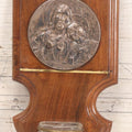 Lot 048 - Vintage Holy Water Font With Jesus And Child Silver Plated Medallion, Wooden Plaque, Glass Font, And Brass Details, 4" x 8-1/4"