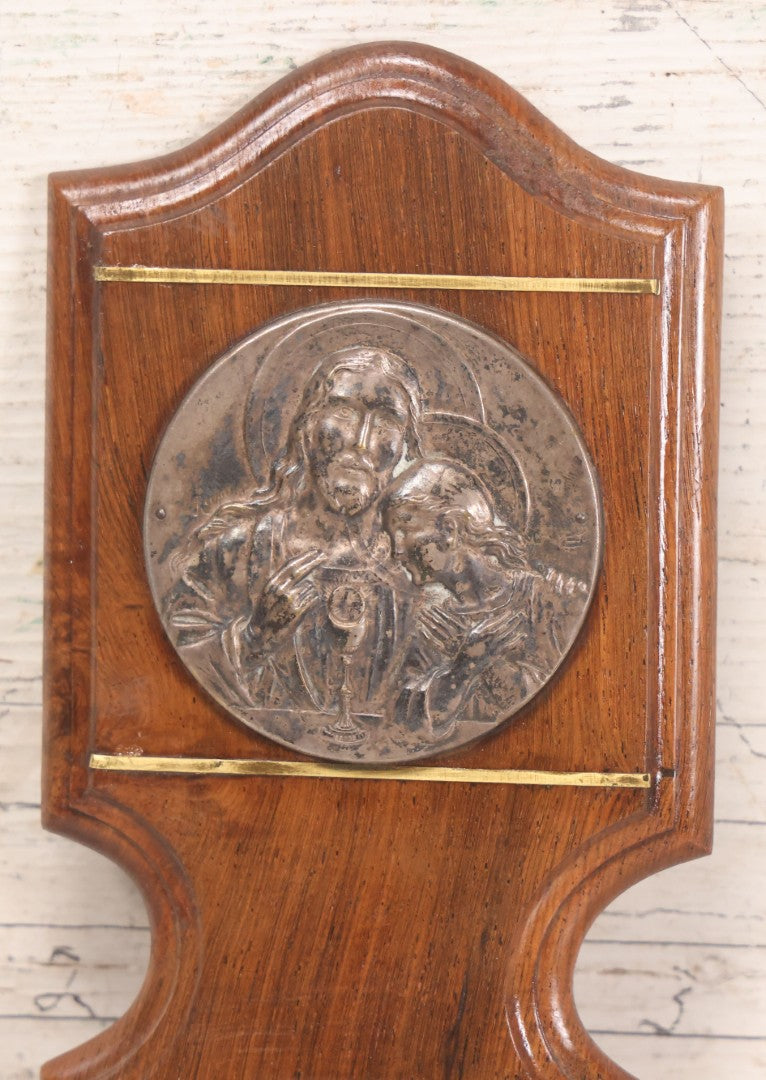 Lot 048 - Vintage Holy Water Font With Jesus And Child Silver Plated Medallion, Wooden Plaque, Glass Font, And Brass Details, 4" x 8-1/4"
