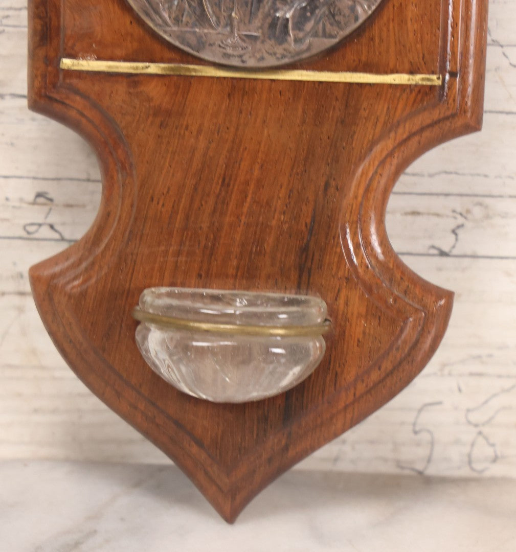 Lot 048 - Vintage Holy Water Font With Jesus And Child Silver Plated Medallion, Wooden Plaque, Glass Font, And Brass Details, 4" x 8-1/4"