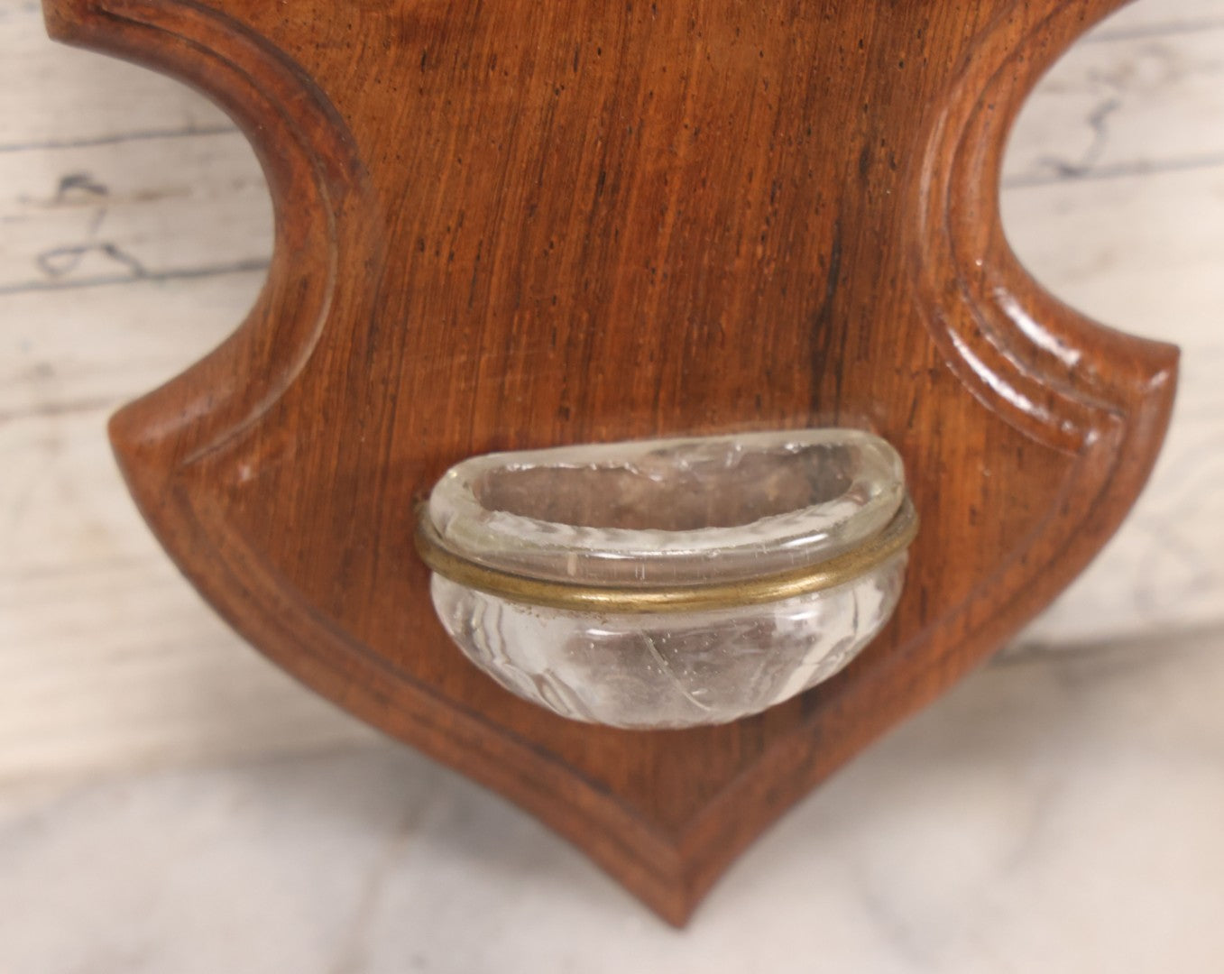 Lot 048 - Vintage Holy Water Font With Jesus And Child Silver Plated Medallion, Wooden Plaque, Glass Font, And Brass Details, 4" x 8-1/4"