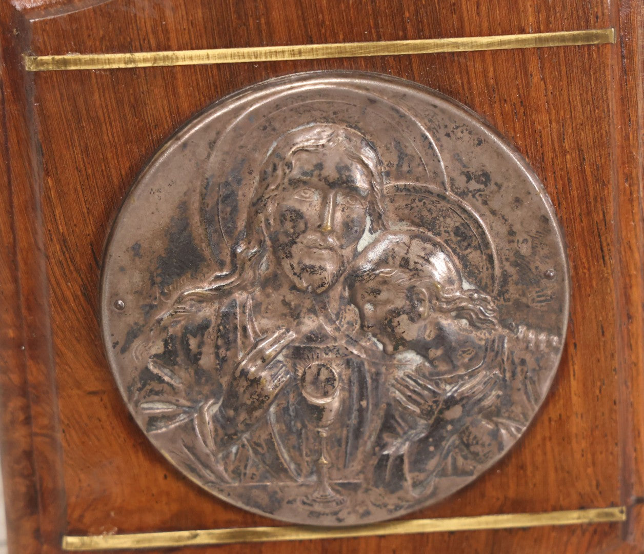 Lot 048 - Vintage Holy Water Font With Jesus And Child Silver Plated Medallion, Wooden Plaque, Glass Font, And Brass Details, 4" x 8-1/4"