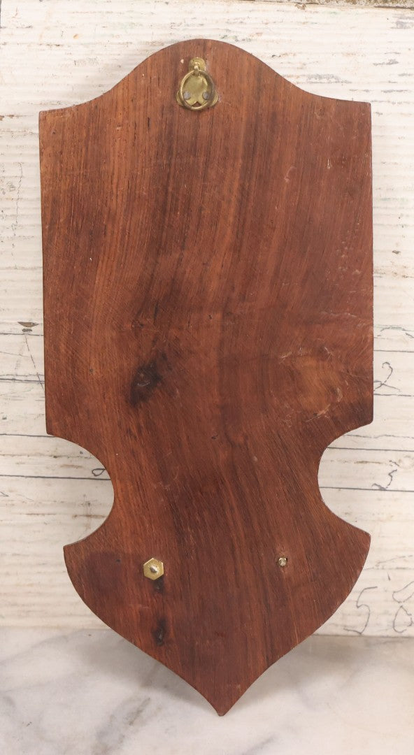 Lot 048 - Vintage Holy Water Font With Jesus And Child Silver Plated Medallion, Wooden Plaque, Glass Font, And Brass Details, 4" x 8-1/4"